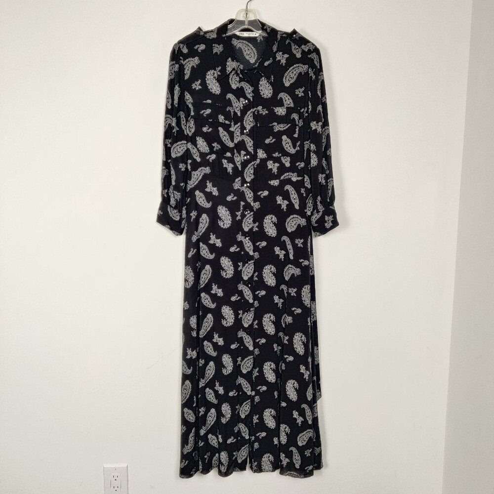 Zara Women's Dress Button Down Size L Black White Paisley Viscose Modest Summer